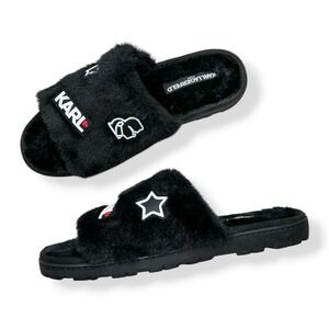 Karl Lagerfeld Slippers Women Size 10 Black Faux Furry Slip On Slides NWOT
